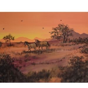 SALE-Horses Painting, Acrylic Sunset Field, Horse art, Animal art